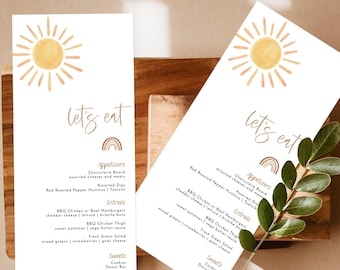 Menu de baby shower soleil, nourriture arc-en-ciel, bohème, non sexiste, téléchargement immédiat, modèle modifiable, S2