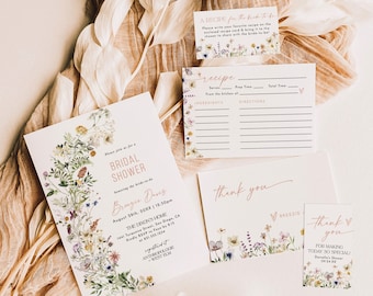 Wildflower Bridal Shower Invite, Boho Bundle, Recipe Card, Bohemian, Floral, Instant Download, Editable Template, W1