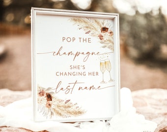 Bridal Brunch Pop the Champagne Sign, She's Changing Her Last Name, Brunch and Bubbly Favors, Boho Shower Template, Editable Template, A4