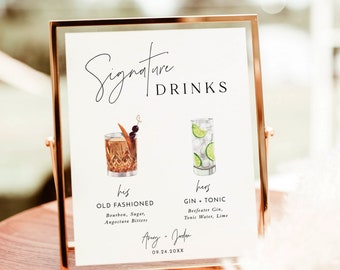 Minimalist Wedding Bar Menu Poster, Signature Drinks Sign Template, Signature Cocktail Sign, His + Hers Bar Sign, Editable Template, M7