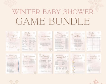 Może przedstawiać: Zestaw drukowanych gier na zimowy baby shower. Zestaw zawiera gry takie jak "Polowanie na smoczka", "Baby Trivia", "Jak duży jest brzuch mamy", "Więcej lub mniej", "Wolą raczej", "Baby Bingo", "Zgadnij, o kim mówi mama", "Przewidywania dla dziecka", "Znane imiona dzieci", "Kto najlepiej zna mamę", "Baby Shower Emoji Pictionary" i "Życzenia dla dziecka".