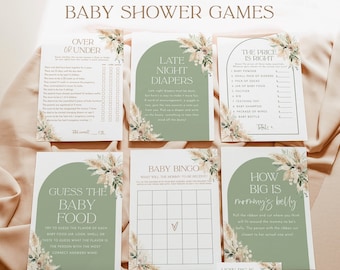 Boho Baby Shower Games, Gender Neutral Shower Bundle, Minimalist Baby Shower, Boho Arch Green Baby Shower Games, Editable Template, A5