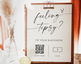 Tip Your Bartender Sign Template | Bartender Tip Sign | Modern Minimalist Wedding | Venmo Tip Jar | Feeling Tipsy | Editable Template | M9