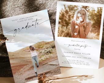 May include: Graduation party invitation with a photo of a woman blowing dandelion seeds. The invitation is for Hannah Marie Fuller and includes the date, time, and location of the party. The text "A Wild Bloom Printables" is in the bottom right corner.