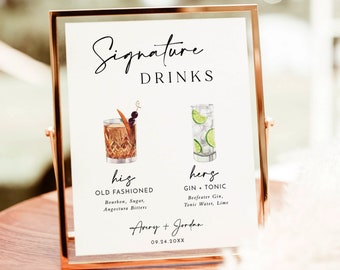 Signature Drinks Sign Template, Signature Cocktail Sign, Minimalist Wedding Bar Menu Sign, His and Hers Bar Sign, Editable Template, M5