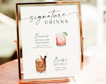 Signature Drinks Sign Template, Cocktail, His and Hers Bar, Minimalist Wedding Menu, Instant Download, Editable Template, M9
