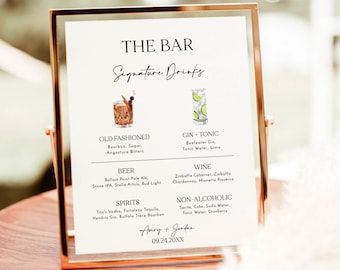 Signature Drinks Sign Template | Signature Cocktail Sign | Minimalist Wedding Bar Menu Sign | His and Hers Bar Sign | Editable Template | M5