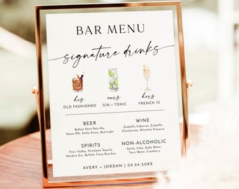 de signe de boisson signature | Affiche minimaliste de menu de bar de mariage | Enseigne cocktail signature | Bar de mariage | Le sien + le sien + le nôtre | M9