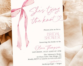 She's Tying the Knot Bridal Shower Invitation Template | Pink Bow Bridal Shower Invite | Pink Ribbon Wedding Shower | Editable Template | B4