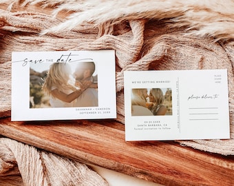 May include: Save the date postcard with a photo of a couple in a natural setting. The text reads "Save the Date" with the couple's names and wedding date. The back of the postcard has a place for a stamp and the address "please deliver to".