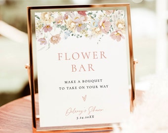 Può includere: Un cartello stampabile per un bar di fiori a un addio al nubilato. Il cartello ha un design floreale con fiori rosa, gialli e blu. Il testo sul cartello recita "FLOWER BAR MAKE A BOUQUET TO TAKE ON YOUR WAY Delaney's Shower 5.24.20XX A Wild Bloom printables".