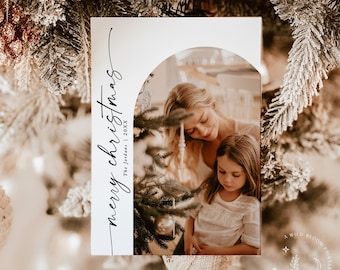 Photo Christmas Card Template, Minimalist Christmas Card, Boho Holiday Card, Merry Christmas, Arch Christmas Card, Editable Template M9