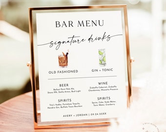 Modelo de placa de bebidas exclusivas, pôster minimalista de menu de bar de casamento, placa de coquetel exclusiva, placa de bar dele + dela, modelo editável, M9