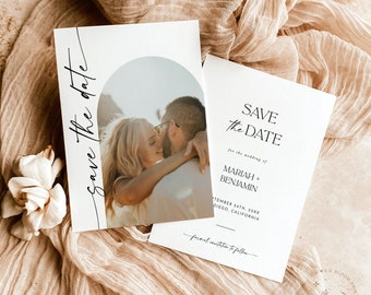 Moderne Foto-Save-the-Date-Vorlage, minimalistische Save-the-Date-Vorlage, Foto-Save-the-Date, Boho Arch Save the Date-Karte, M9