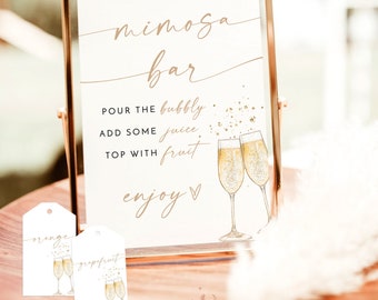 Bord mimosabar vrijgezellenfeest, bruidsbrunch mimosabar, labels mimosa-sap, labels mimosa-sap, minimalistische vrijgezellenfeest, B2
