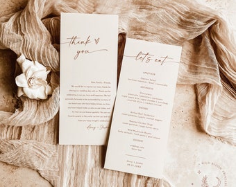 May include: A wedding menu card with a minimalist design. The card is white with brown text and features a simple illustration of a crescent moon and a plant. The text reads "Let's Eat" and lists the menu items for the wedding reception. The menu includes starters, antipasti, main courses, and dessert.
