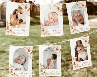 First Birthday Photo Banner, Monthly Milestone Photo Cards, Boho First Birthday, Girl First Birthday Photo Banner, Editable Template A2