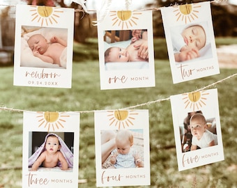 May include: A set of six printable baby milestone cards with a sun graphic and a photo of a baby at different ages. The cards are labeled with the baby's age in months, from newborn to five months. The cards are printed on white cardstock and have a rustic, boho aesthetic.