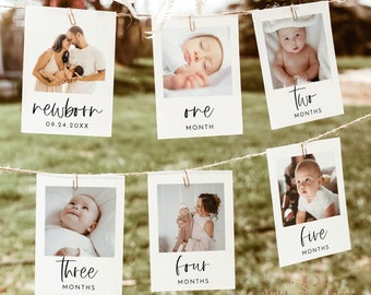 First Birthday Photo Banner, Minimalist Monthly Milestone Photo Cards, Gender Neutral First Birthday, Modern Boho First Birthday, M9