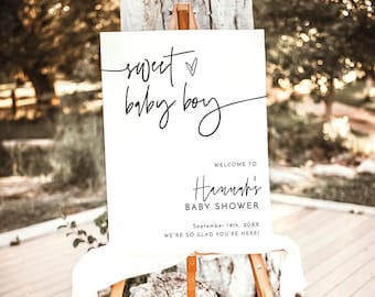 Boy Baby Shower Welcome Sign, Boho, Black & White, Minimalist Poster, Instant Download, Editable Template, M8