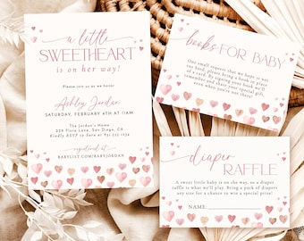 May include: Baby shower invitation set with a soft, watercolor design. The invitation reads "a little SWEETHEART is on her way!" with details for the event. Includes cards for books and a diaper raffle, all adorned with pink hearts.