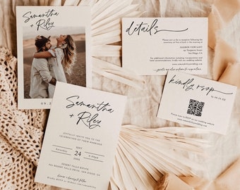 Minimalist Wedding Invitation Template, Modern Invite, Boho, Photo, Instant Download, Editable Template, M0