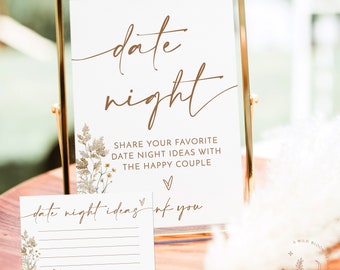 Date Night Ideas Cards, Sign, Boho Bridal Shower, Modern Floral, Card, Instant Download, Editable Template, F4