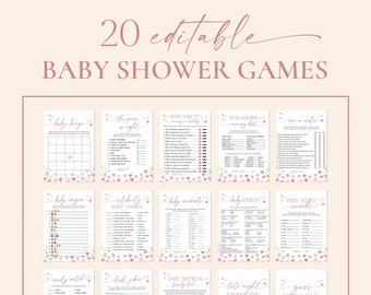 Może przedstawiać: Zestaw 20 edytowalnych gier na baby shower, zawierający różne formaty gier, takie jak bingo, quizy i gry słowne. Gry zostały zaprojektowane w miękkiej różowo-białej kolorystyce, idealnej na baby shower.