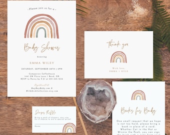 Modèle d'invitation modifiable pour baby shower arc-en-ciel, lot de baby shower non sexiste, livres pour bébé, tombola de couches, invitation bohème arc-en-ciel