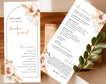 Bohemian Wedding Program, Desert, Printable Order of Service, Pampas Grass, Instant Download, Editable Template, A2