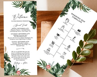 Carta de bienvenida e itinerario de boda, tropical, vegetación, cronología del orden de eventos, descarga instantánea, plantilla editable, T01