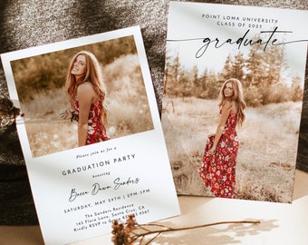 May include: A white graduation party invitation with a photo of a woman in a red floral dress. The invitation reads "Please join us for a Graduation Party honoring Becca Dawn Sanders Saturday, May 29th | 2PM-5PM The Sanders Residence 143 Flora Lane, Santa Cruz, CA Kindly RSVP to Grace 8323.4567"