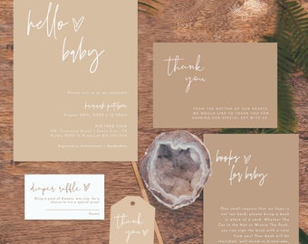 Minimalist Baby Shower Invitation, Gender Neutral Bundle, Books for Diaper Raffle, Modern Boho Invite, Editable Template, BM1