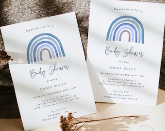 Rainbow Baby Shower Invitation | Boy Baby Shower Invite | Blue Boho Baby Shower | Boho Rainbow Baby Shower Editable Template | RB1
