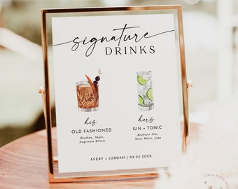 Signature Drinks Sign Template | Signature Cocktail Sign | Minimalist Wedding Bar Menu Sign | His and Hers Bar Sign | Editable Template | M9