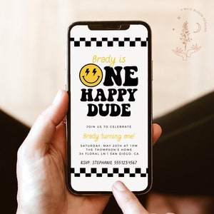 One Happy Dude 1st Birthday Evite Invitation, Smile Face Birthday Invite, Boy 1st Birthday, Text Invitation, Editable Template, S4