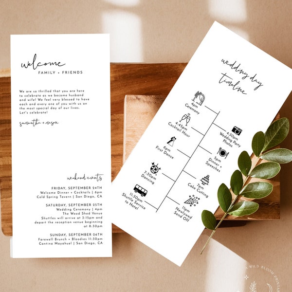 Minimalist Wedding Timeline Template | Modern Events Timeline | Wedding Itinerary | Welcome Bag | Editable Wedding Timeline Schedule | M4