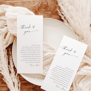Carta de agradecimiento moderna, nota de servilleta de boda, menú de boda gracias, plantilla editable, ajuste de lugar minimalista gracias, M9