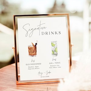 Affiche de menu de bar de mariage minimaliste, modèle de signe de boissons signature, signe de cocktail signature, signe de bar pour elle et lui, modèle modifiable, M7