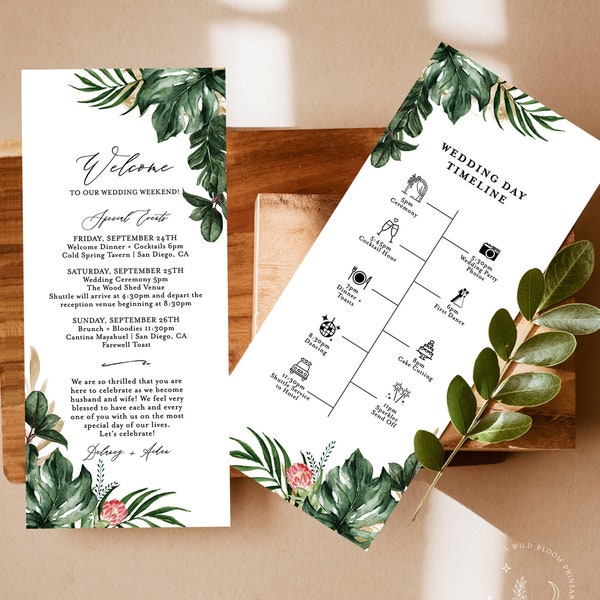 Carta de bienvenida de boda e itinerario / Boda tropical / Itinerario de boda verde / Orden de eventos Bolsa de línea de tiempo / Plantilla editable / T01