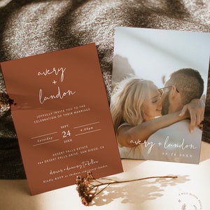 Minimalist Wedding Invitation Template | Editable Terracotta Wedding Invite | Modern Burnt Orange Wedding Invite | Photo Wedding Invite | T2