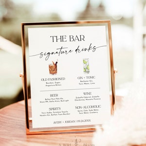 Minimalist Wedding Bar Menu Poster | Signature Cocktail Sign | Signature Drinks Sign Template | His + Hers Bar Sign | Editable Template | D1