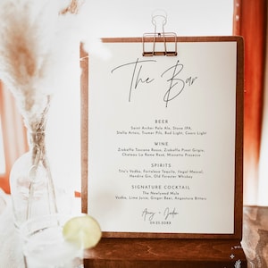 Menu de bar de mariage minimaliste, panneau de menu de boissons de mariage, panneau de menu de boissons minimaliste moderne, modèle de menu de bar, modèle modifiable, M7