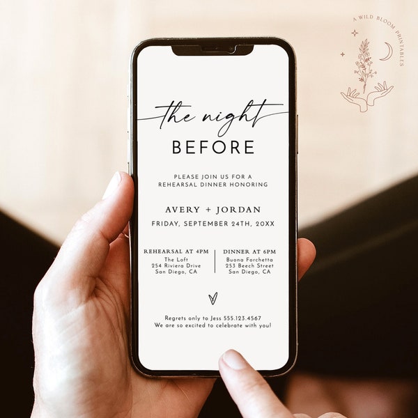 Digital Rehearsal Dinner Invitation, Modern Minimalist Wedding Rehearsal Evite, Electronic Text Dinner Invite, Editable Template, M9