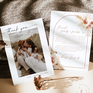 Photo Thank You Card Editable Template, Minimalist Wedding Thank You Card, Pampas Grass Wedding Thank You, Boho Wedding Thank You, A2