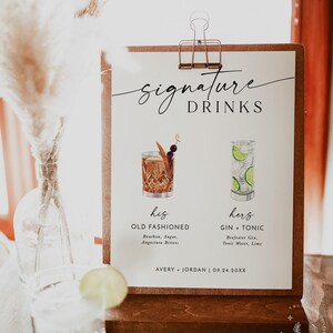 Signature Drinks Sign Template, Signature Cocktail Sign, Minimalist Wedding Bar Menu Sign, His and Hers Bar Sign, Editable Template, M9 image 4