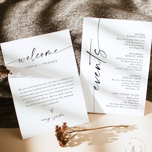 Modèle de carte d'événements de mariage minimaliste, note de sac de bienvenue de mariage, événements de week-end modernes, calendrier itinéraire de mariage, M9