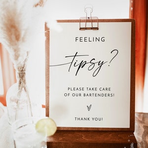 Bartender Tip Sign Template, Modern Minimalist Wedding Tip Jar Sign, Tip Your Bartender Sign, Feeling Tipsy, Editable Template, M9