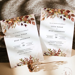 Rustic Fall Wedding Invitation Template, Autumn Wedding Invite, Burnt Orange Leaves Wedding Invite, Bohemian Fall Wedding Invites, F2