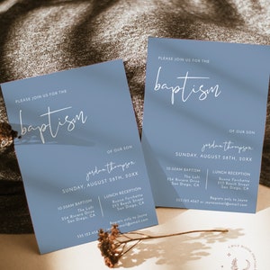 Modern Minimalist Baptism Invitation Template, Dusty Blue Baptism Invite, Gender Neutral, 1st Communion, Editable Template, M4